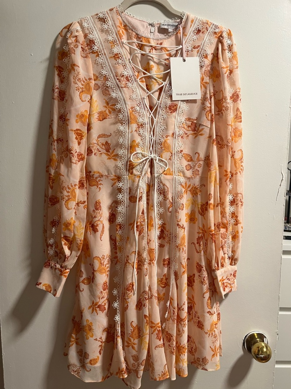 True Decadence Peach Floral Lace-Up Long Sleeve Dress
